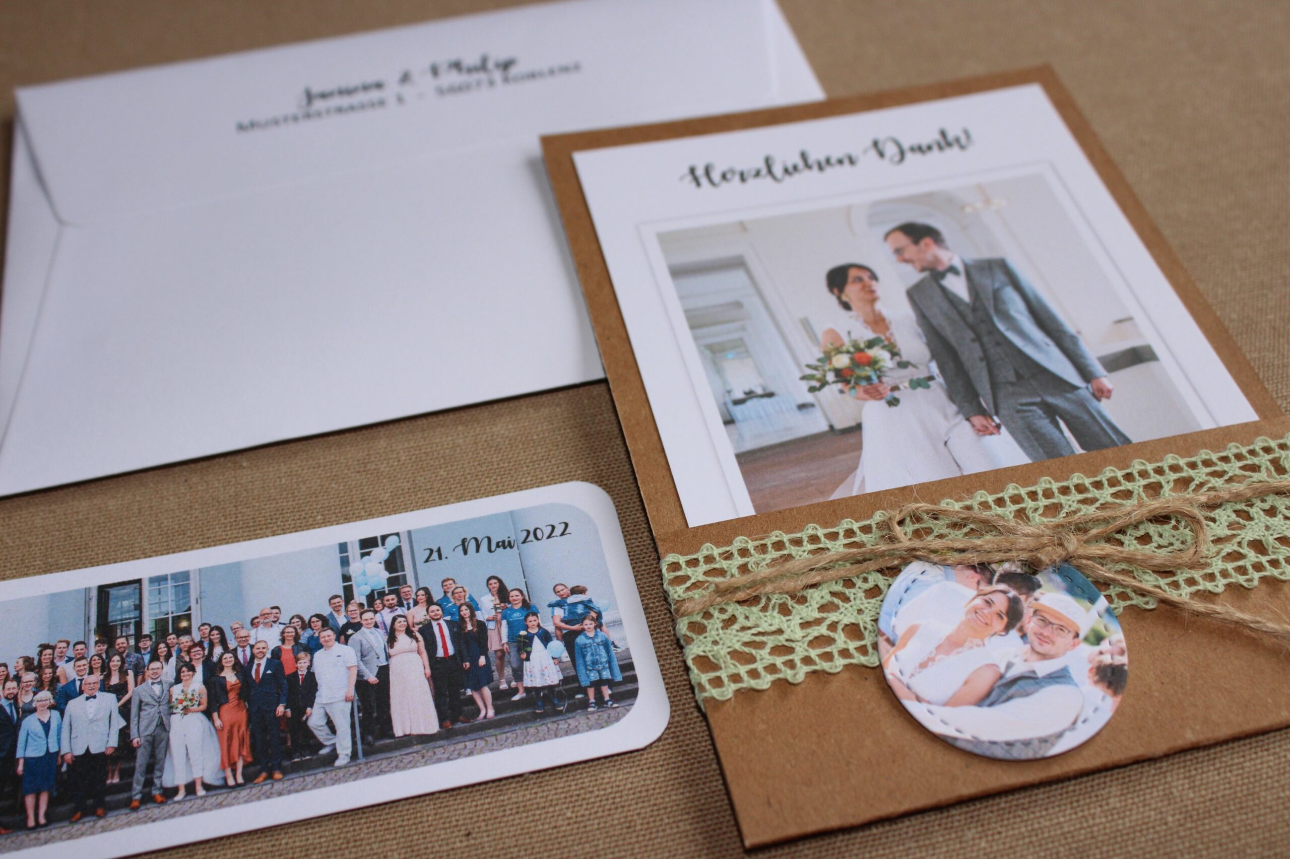 Serie Passin, Danksagung mit Foto und Lesezeichen Danksagung Hochzeit mit Hochzeitsfoto Kraftpapier Spitze und Anhänger