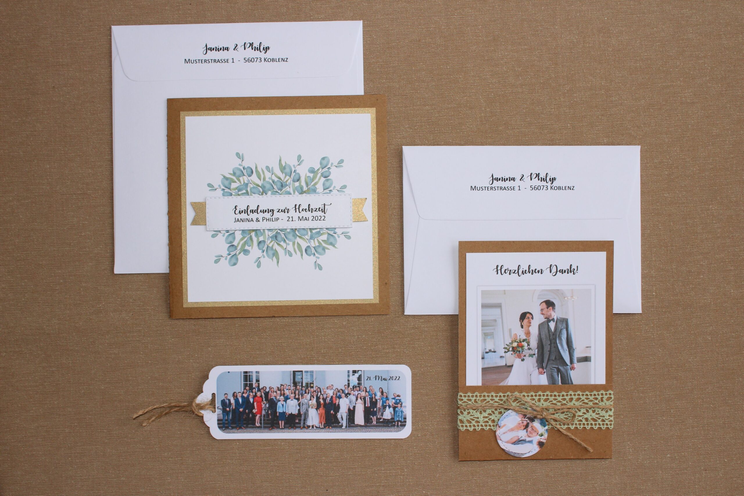 Serie Passin, Einladung und Danksagung im gleichen Stil Einladung Hohczeit mit Eukalyptusmotiv und Kraftpapier, Danksagung mit Spitze