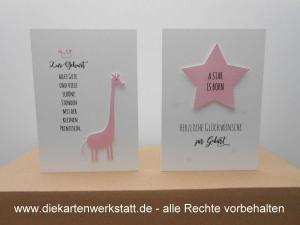 Grußkarte naturelle mit rosa Motiven, Giraffe oder Stern