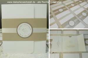 Hochzeitseinladung im Pocketstil mit Banderole in taupe metallic und rundem Emblem